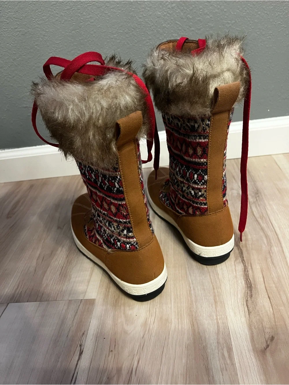 JustFab Women's Tan Faux-Fur Winter Lace-Up Boots with Fair Isle Knit Accents